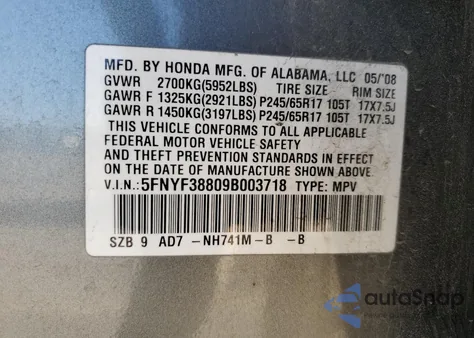 2009 Honda Pilot Touring from USA, damaged, VIN 5FNYF38809B003718